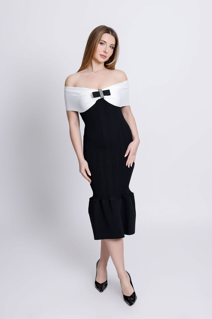 "Cecilia" Off the Shoulder Black & White Bandage Dress