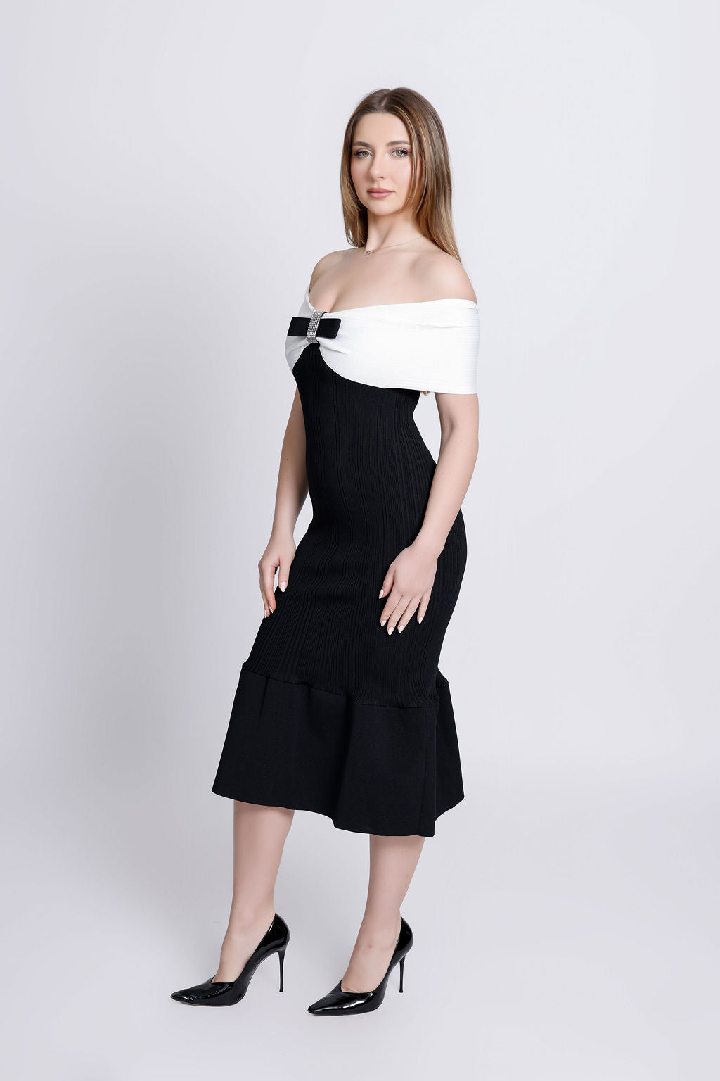 "Cecilia" Off the Shoulder Black & White Bandage Dress