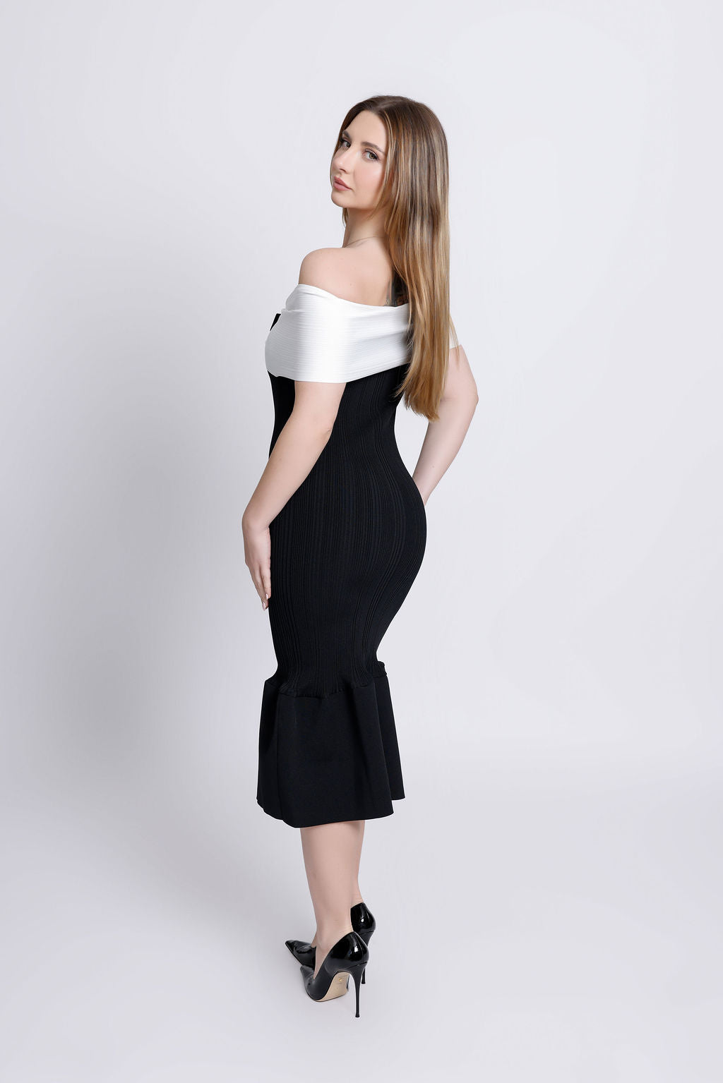 "Cecilia" Off the Shoulder Black & White Bandage Dress