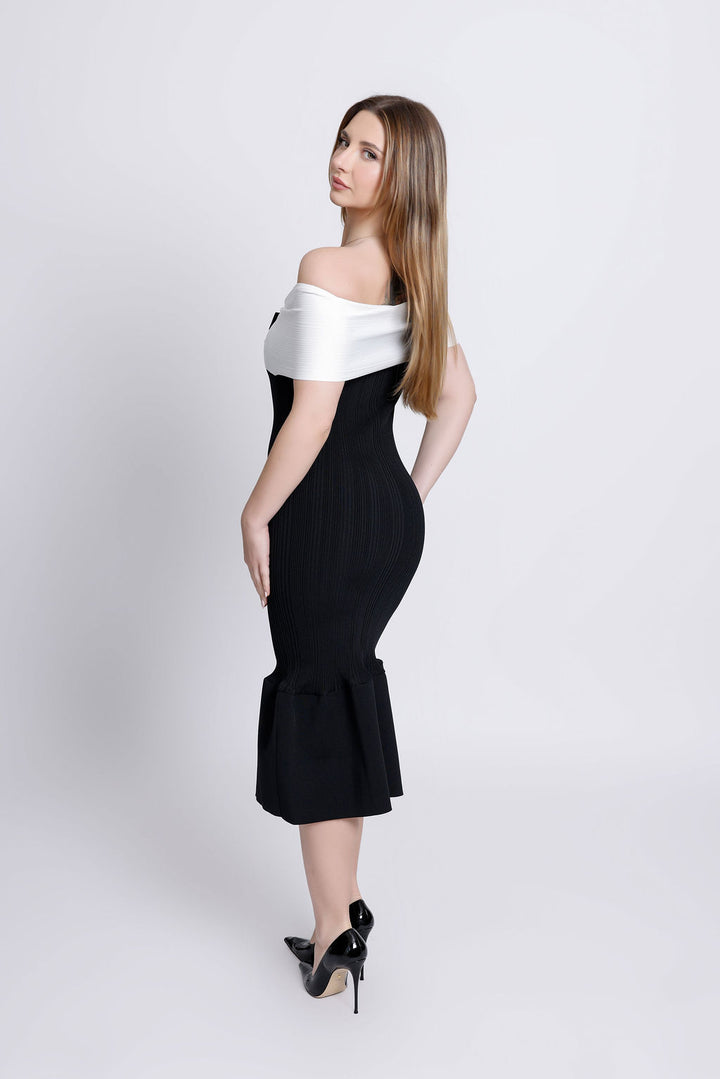 "Cecilia" Off the Shoulder Black & White Bandage Dress