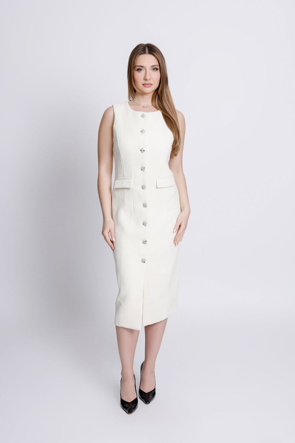"Vivi" Crystal Embellished Button Ivory Dress