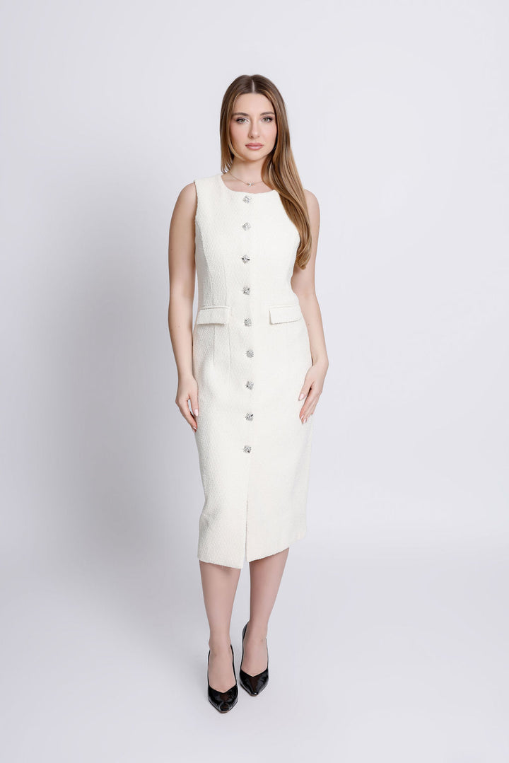 "Vivi" Crystal Embellished Button Ivory Dress