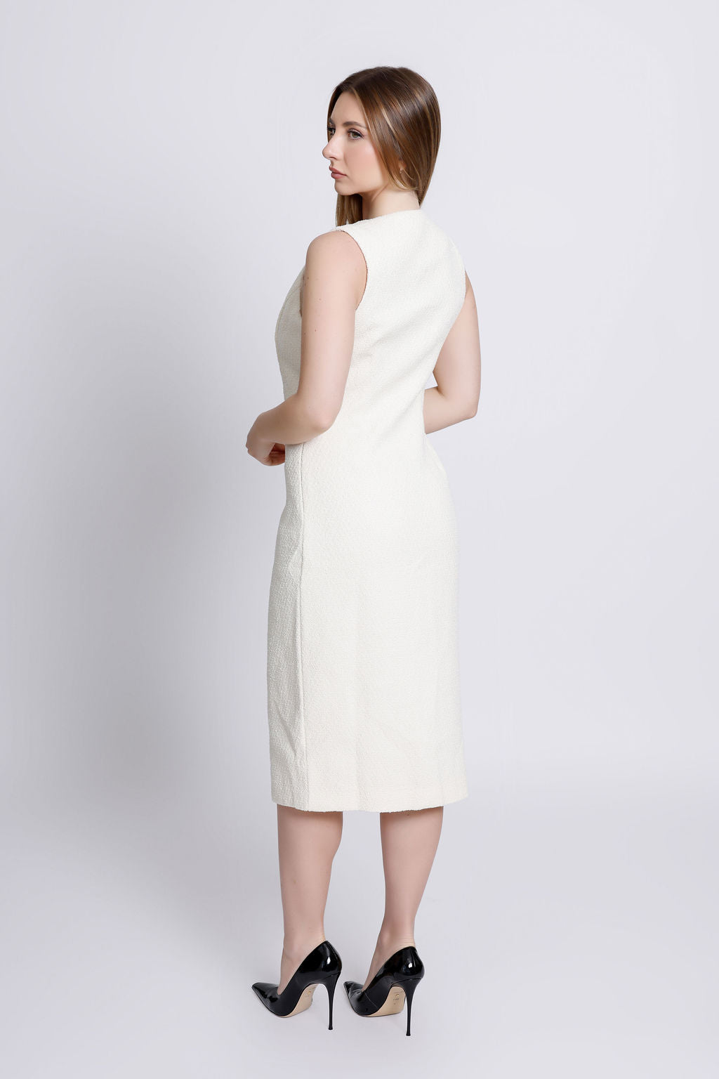 "Vivi" Crystal Embellished Button Ivory Dress