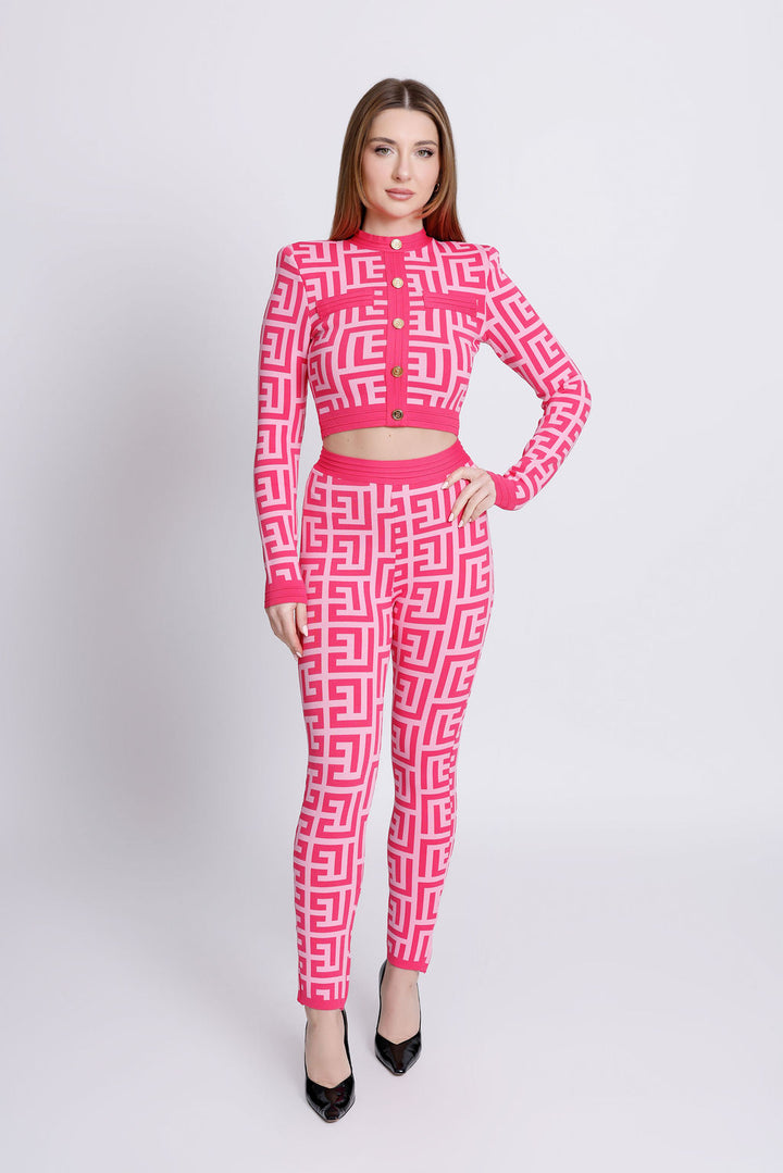 "Barbie" Pink Gold Buttoned Plaid Long Sleeve Bandage Two Piece Pants Set