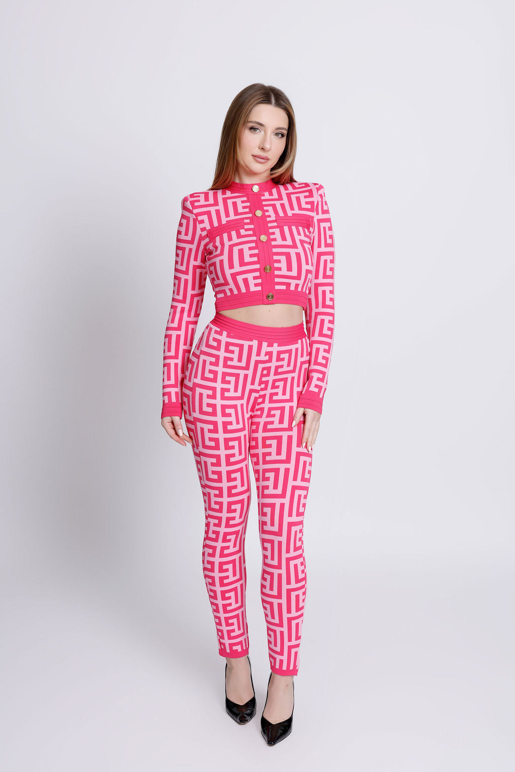 "Barbie" Pink Gold Buttoned Plaid Long Sleeve Bandage Two Piece Pants Set