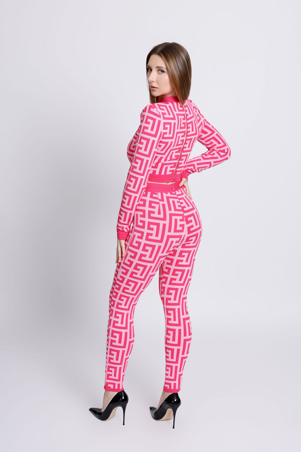 "Barbie" Pink Gold Buttoned Plaid Long Sleeve Bandage Two Piece Pants Set
