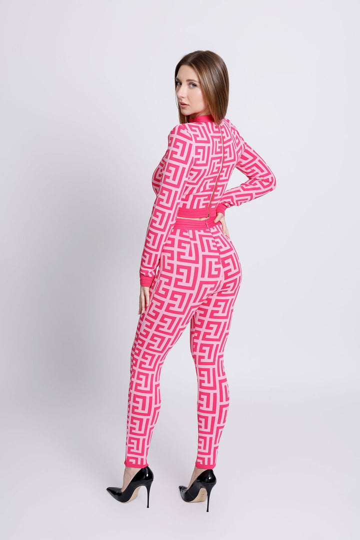 "Barbie" Pink Gold Buttoned Plaid Long Sleeve Bandage Two Piece Pants Set