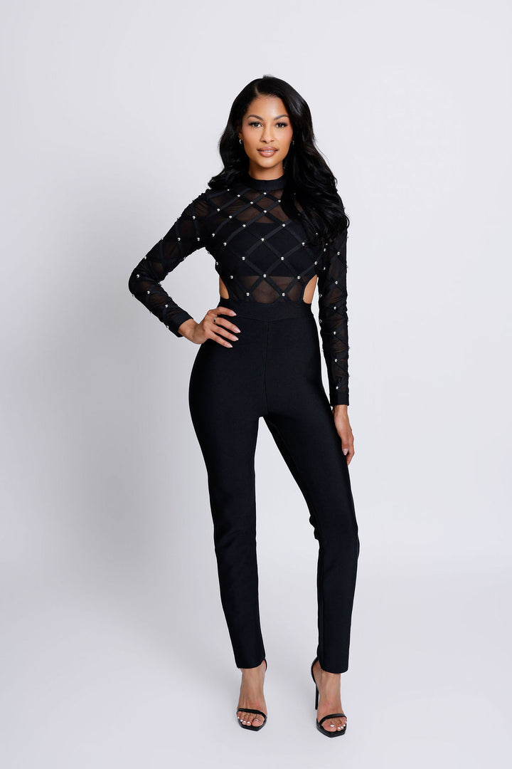 "Serena" Silver Buttoned Embellished Sheer Cut Out Black Bandage Jumpsuit