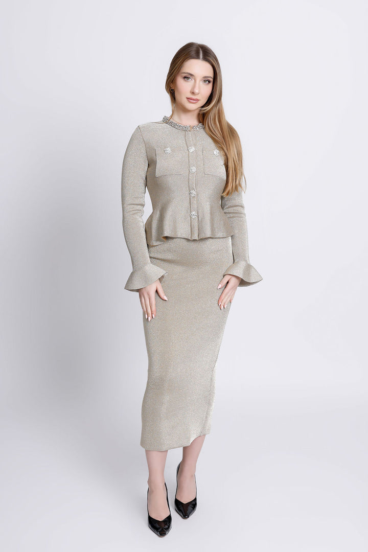 "Chleo" Jewel Embellished Golden Long Sleeve Bandage Dress