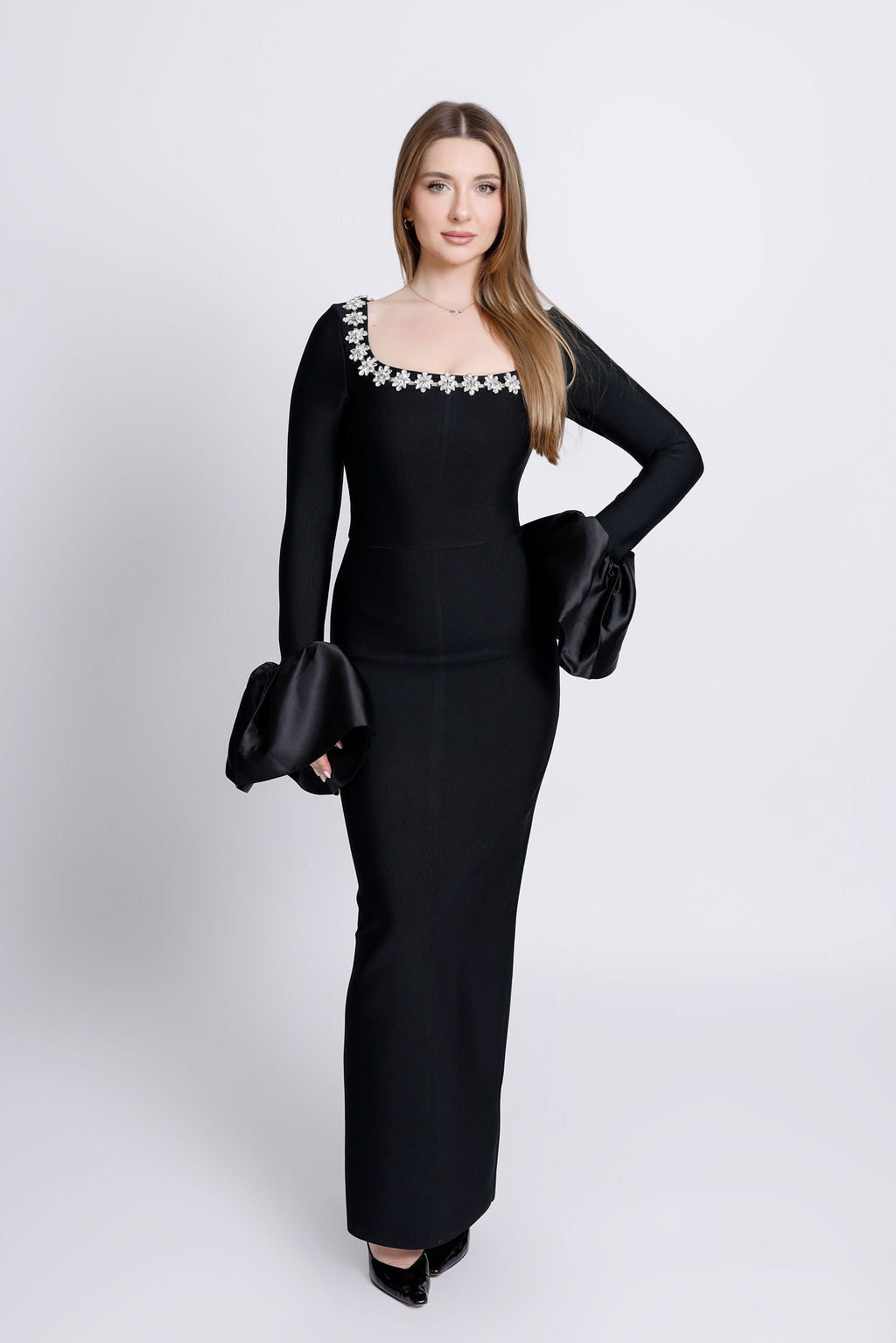“Deana” Rhinestone Embellished Long Sleeve Bandage Dress