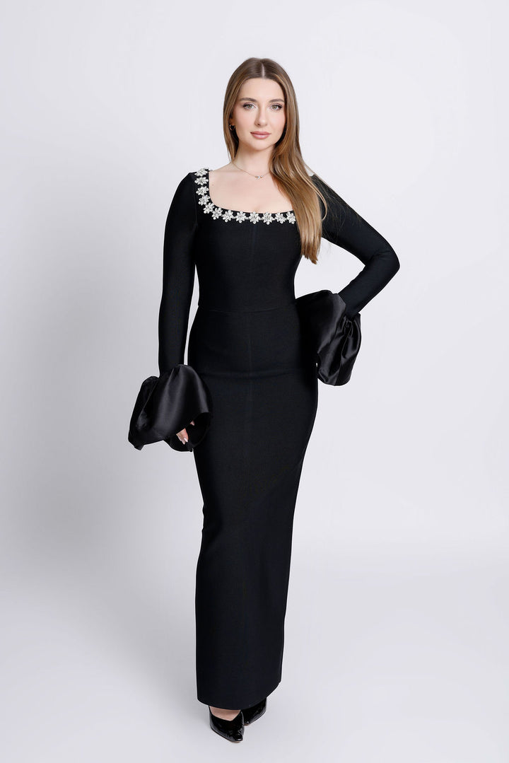 “Deana” Rhinestone Embellished Long Sleeve Bandage Dress
