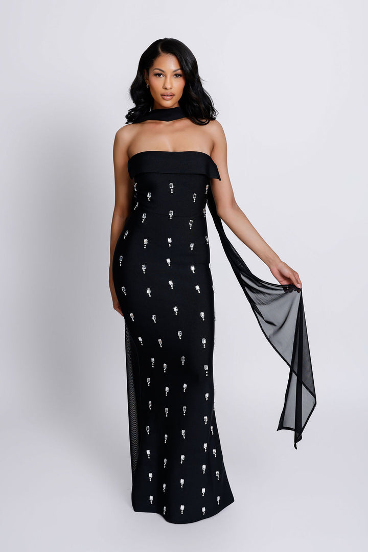 “Deja” Strapless Rhinestone Detailed Black Bandage Dress with Mesh Scarf