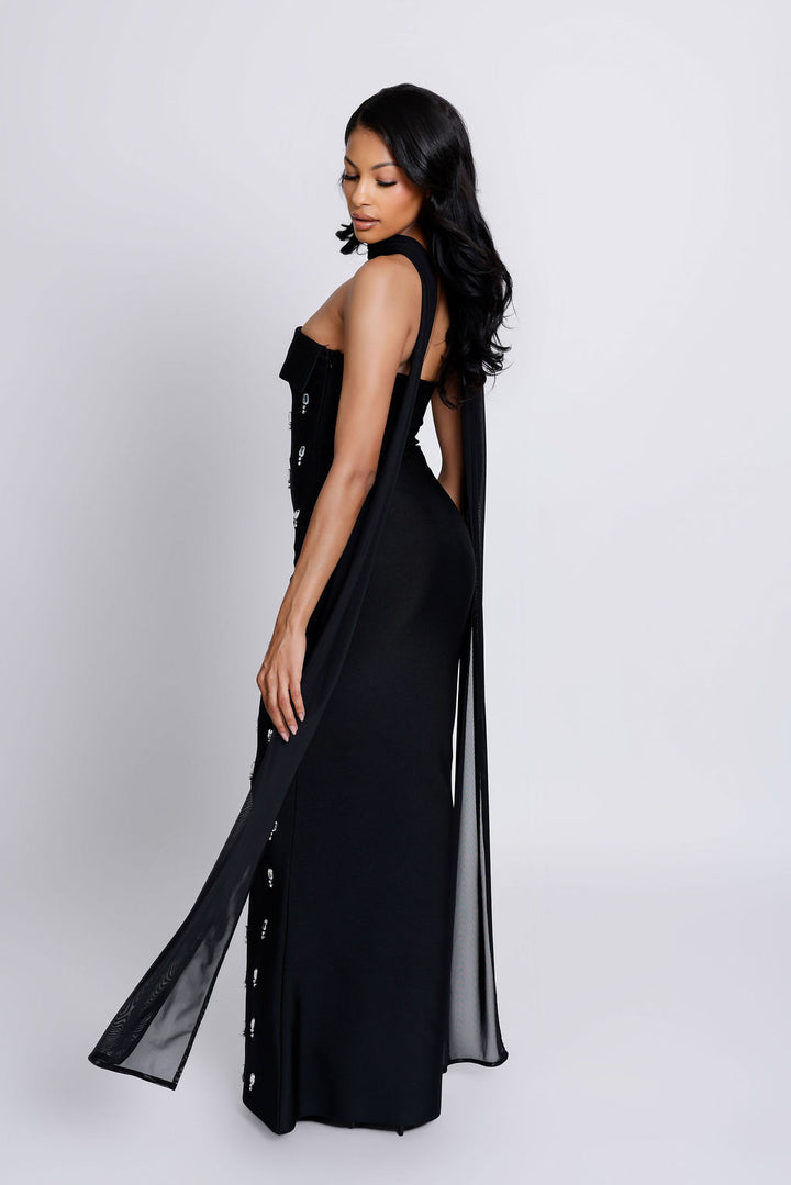 “Deja” Strapless Rhinestone Detailed Black Bandage Dress with Mesh Scarf