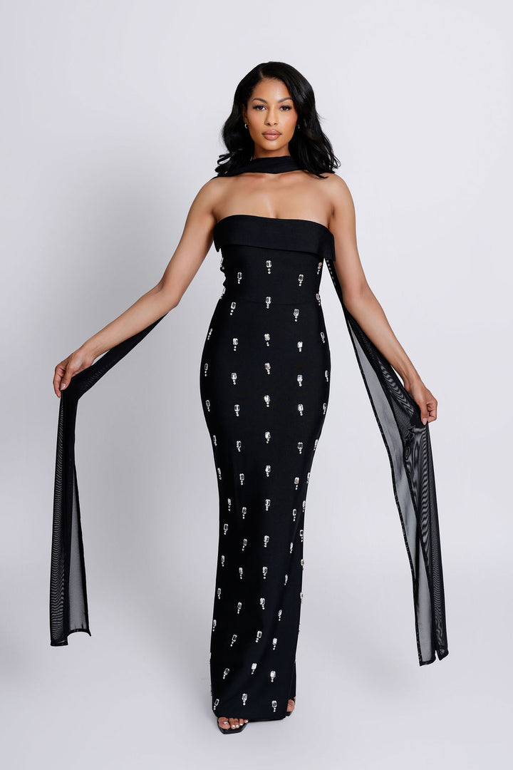 “Deja” Strapless Rhinestone Detailed Black Bandage Dress with Mesh Scarf
