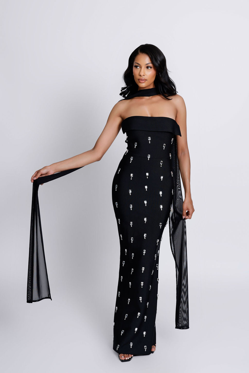 “Deja” Strapless Rhinestone Detailed Black Bandage Dress with Mesh Scarf