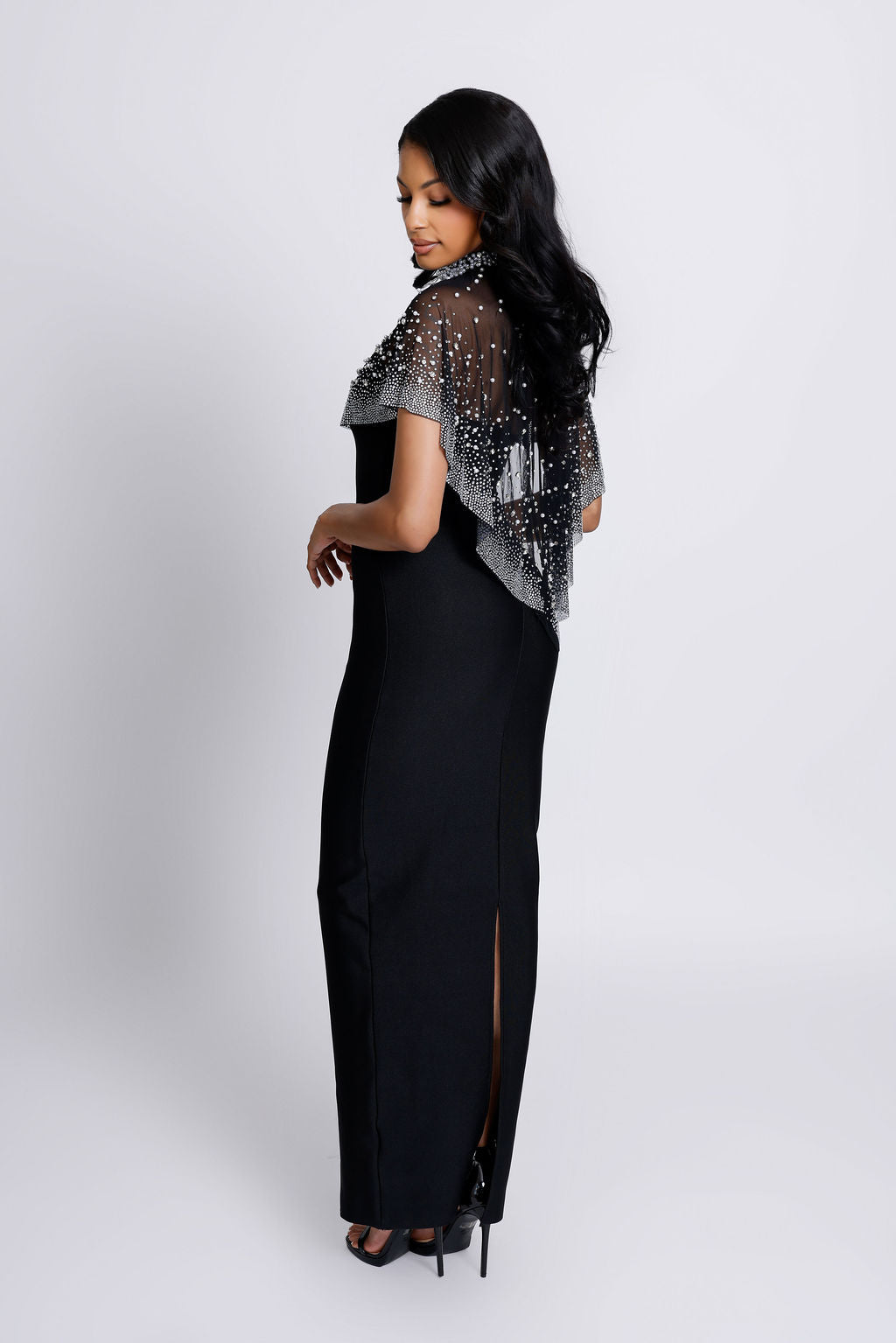 "Gemma" Pearl & Stone Embellished Cape with Strapless Bandage Dress