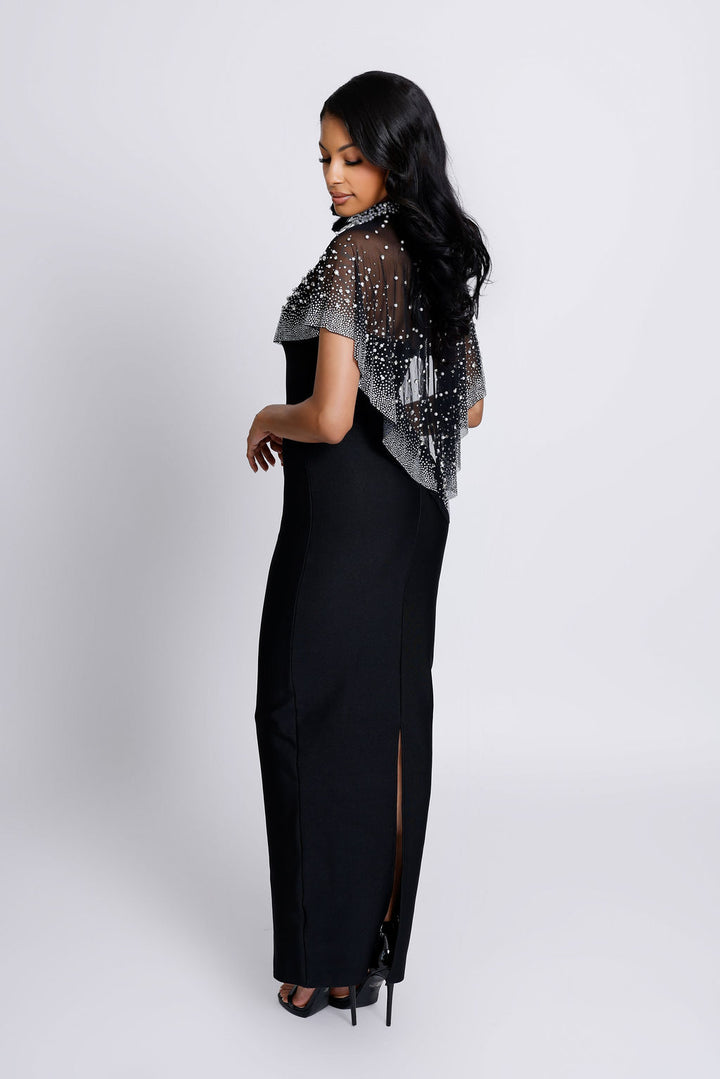 "Gemma" Pearl & Stone Embellished Cape with Strapless Bandage Dress