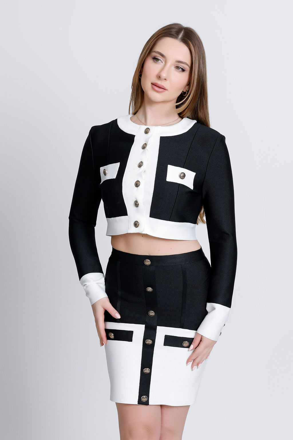 "Monyiko" Gold Buttoned White & Black Two Piece Bandage Skirt Set