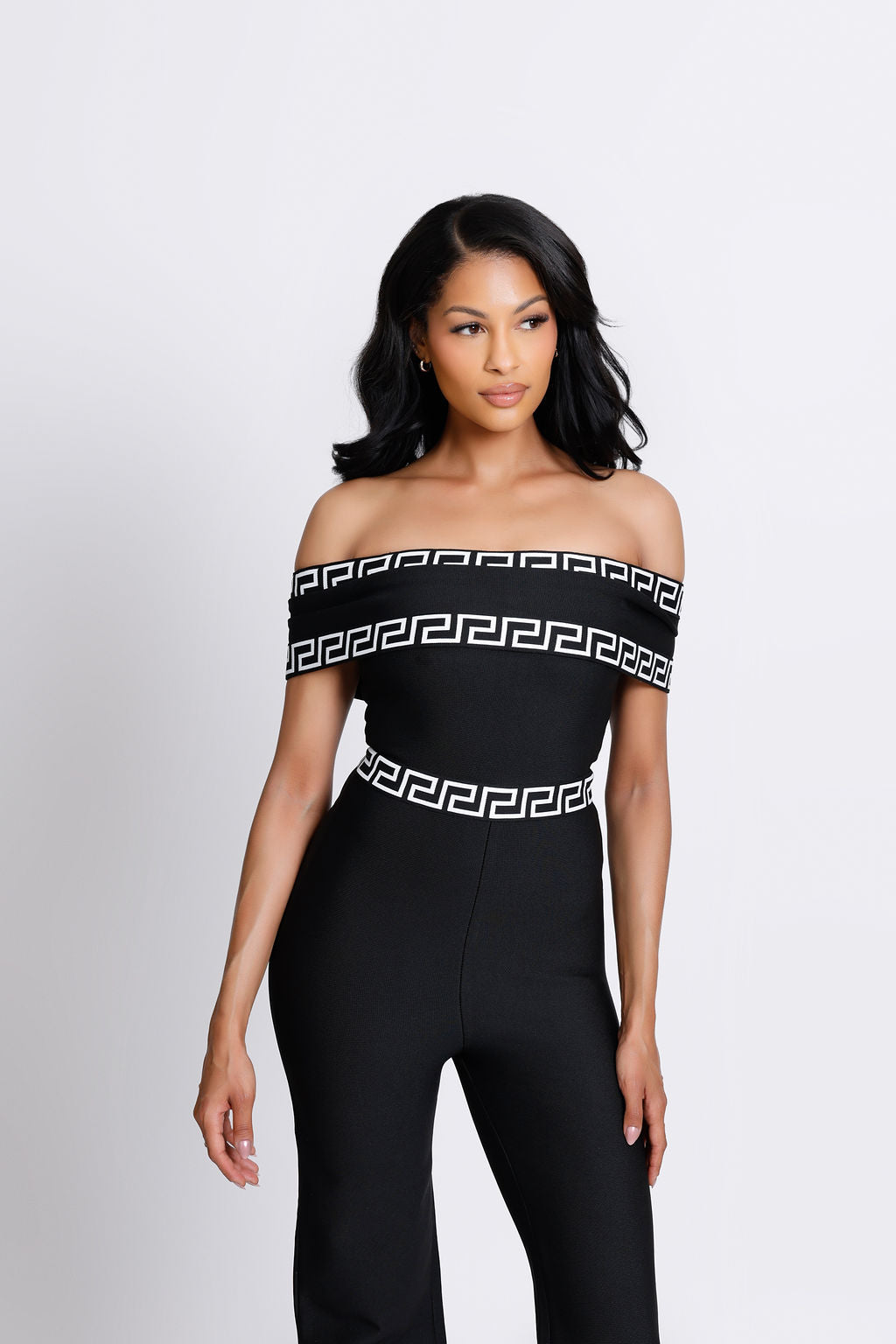 "Thelio" Black and White Off the Shoulder Bandage Jumpsuit