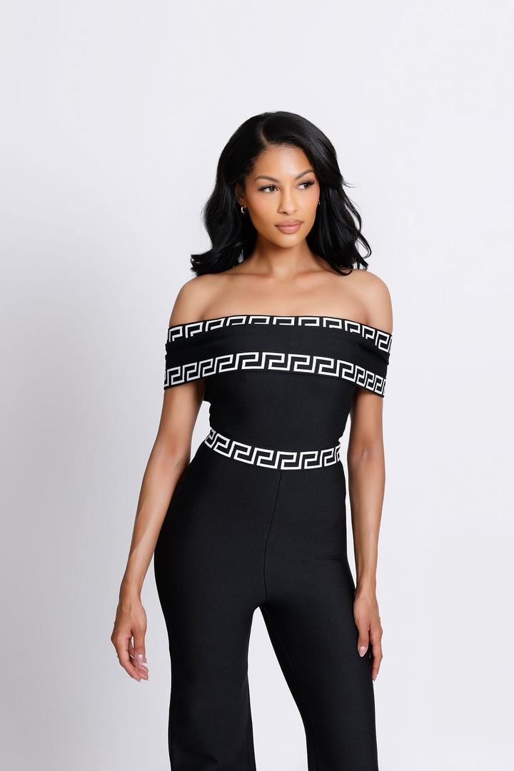 "Thelio" Black and White Off the Shoulder Bandage Jumpsuit