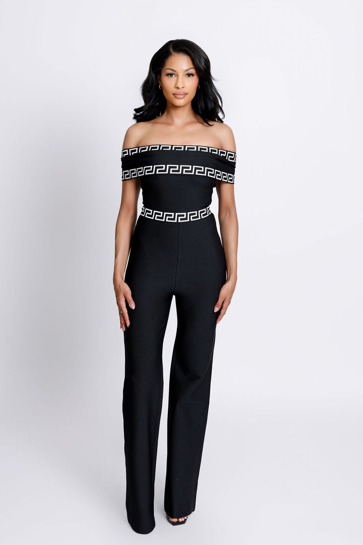 "Thelio" Black and White Off the Shoulder Bandage Jumpsuit