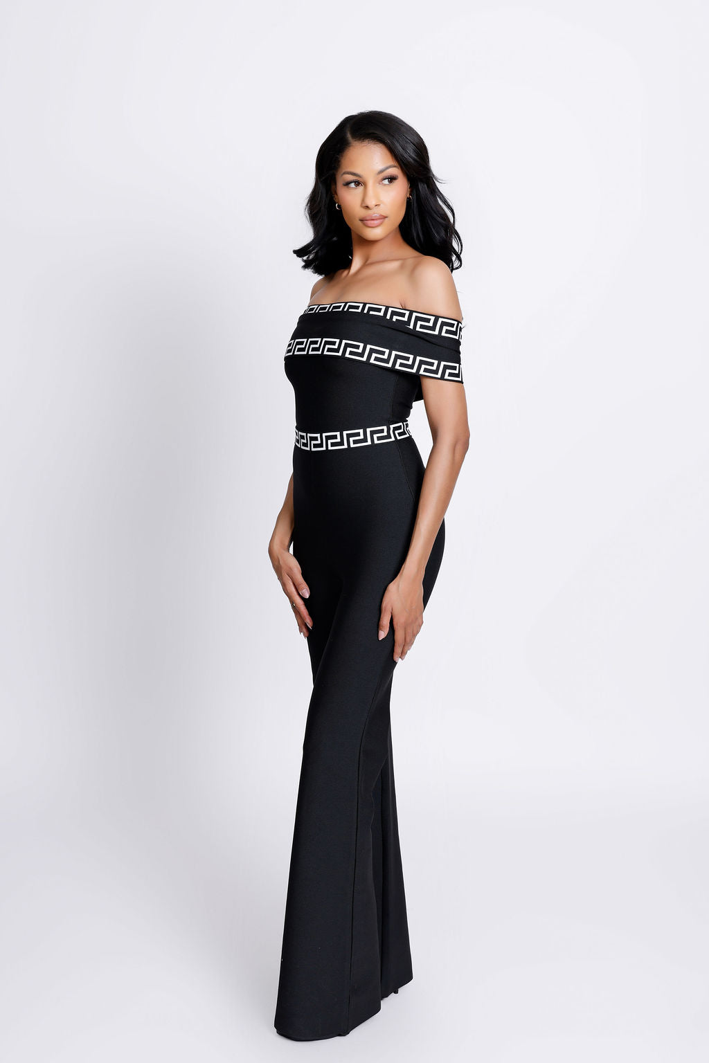 "Thelio" Black and White Off the Shoulder Bandage Jumpsuit