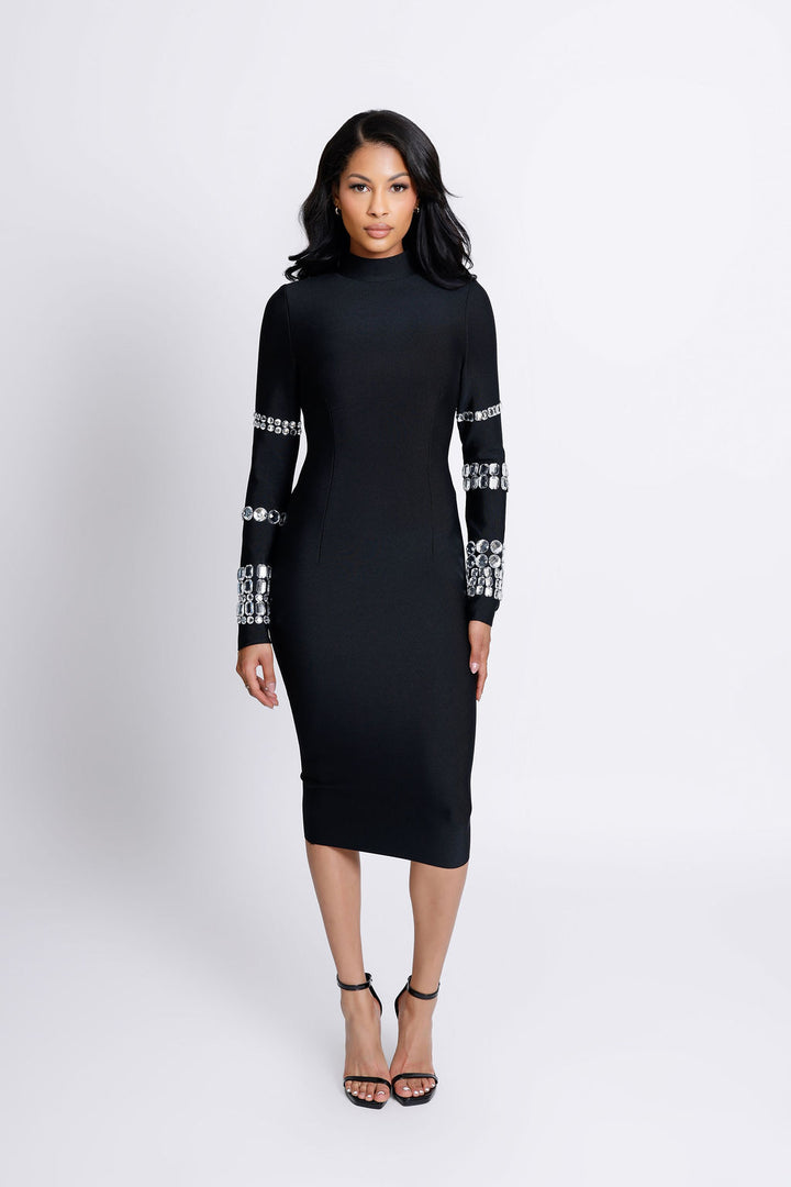 "Viviana" Black High Neck Crystal Embellished Bandage Dress