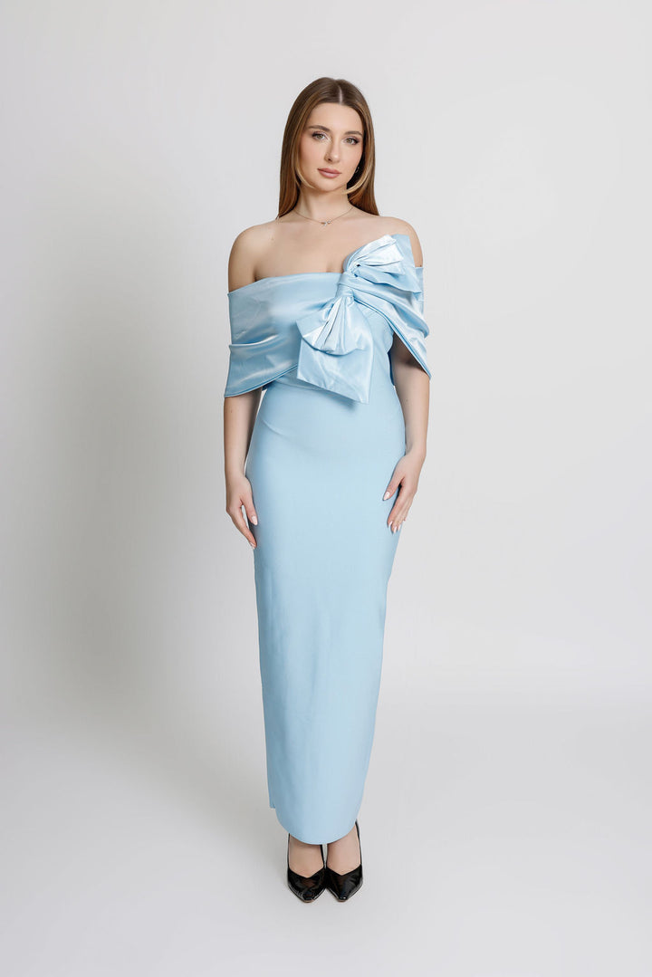 "Charlotte" Light Blue Off the Shoulder Silk Bow Detail Bandage Dress