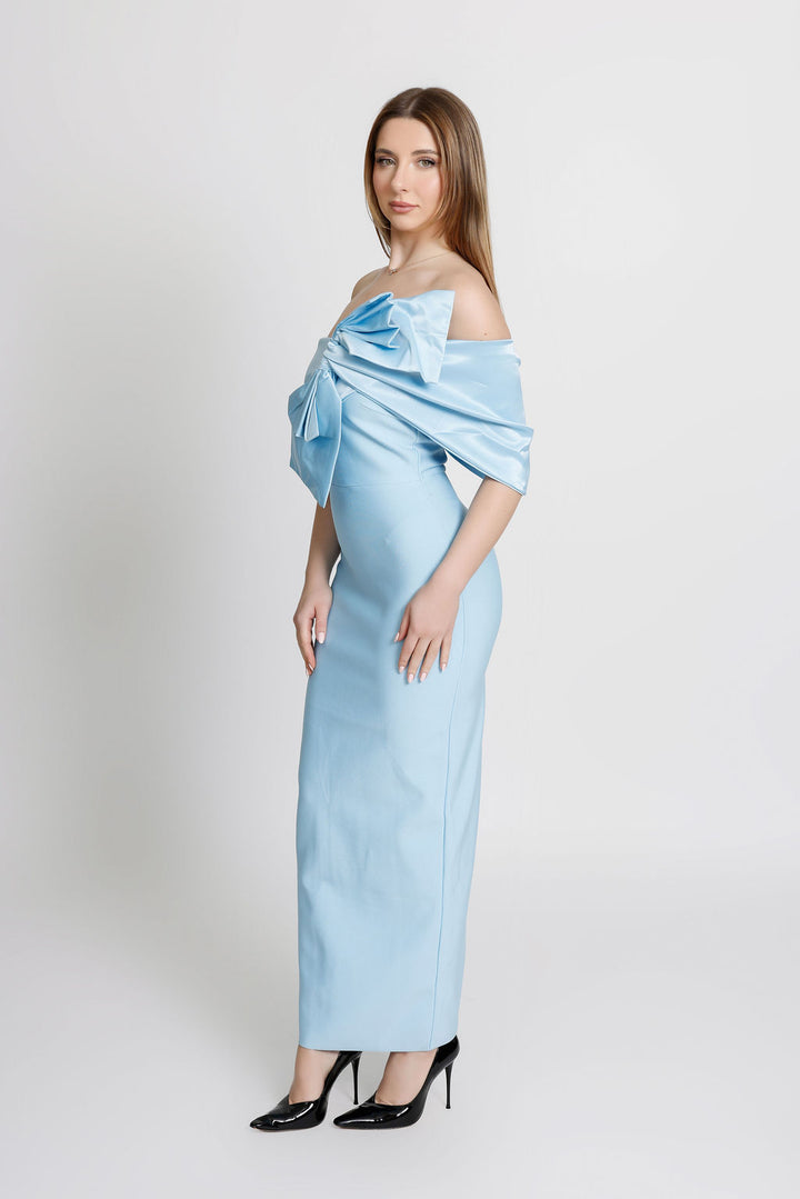 "Charlotte" Light Blue Off the Shoulder Silk Bow Detail Bandage Dress