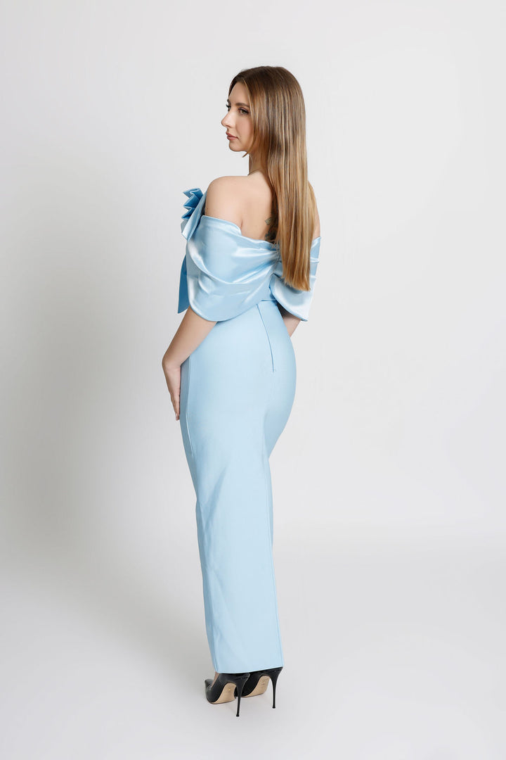 "Charlotte" Light Blue Off the Shoulder Silk Bow Detail Bandage Dress