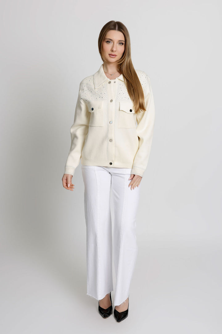 Rhinestone Embellished Button Up Long Sleeve Ivory top