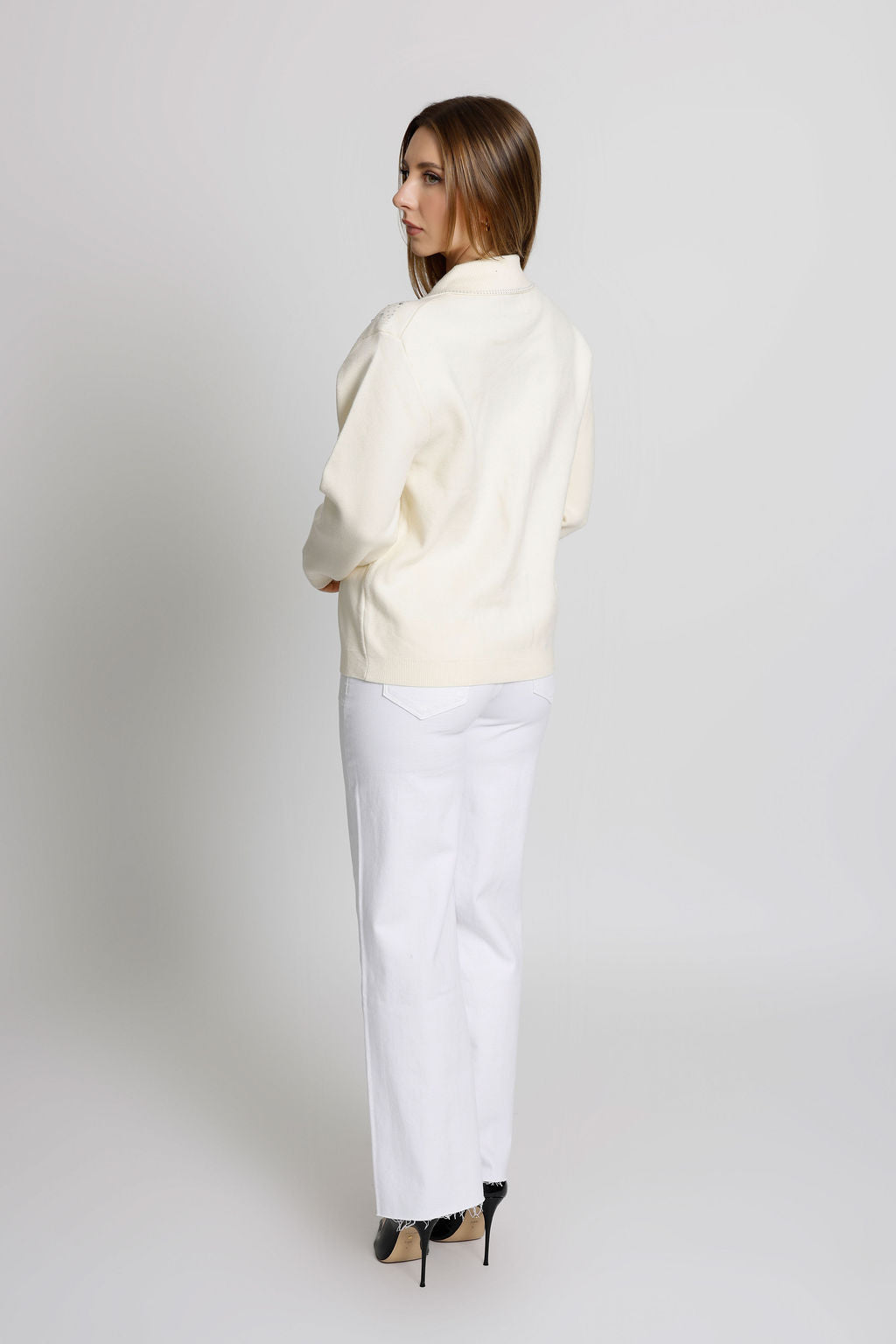 Rhinestone Embellished Button Up Long Sleeve Ivory top