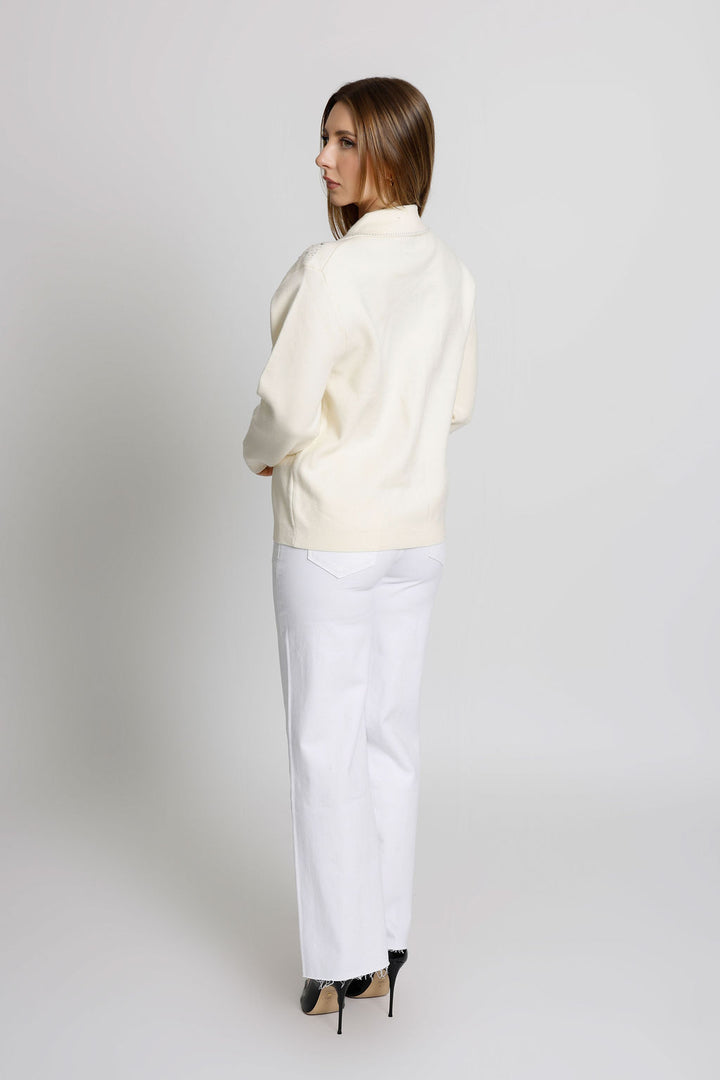 Rhinestone Embellished Button Up Long Sleeve Ivory top