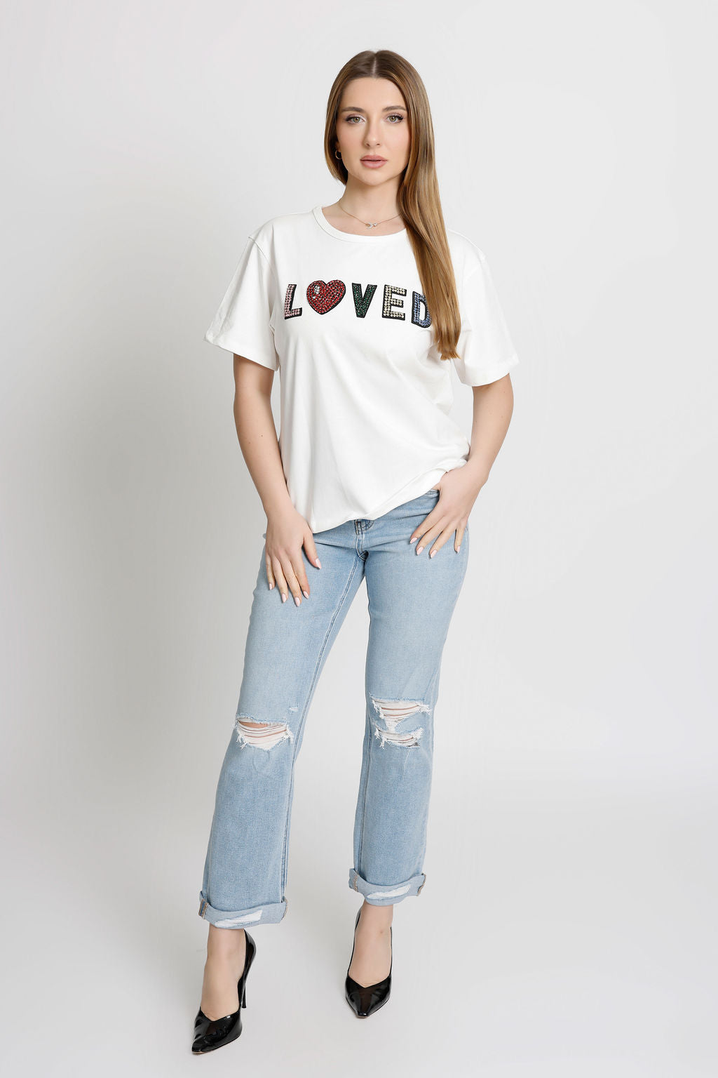 Multi Color Crystal Embellished Love T-Shirt