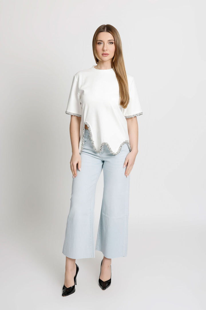 Rhinestone Detailed White Tee