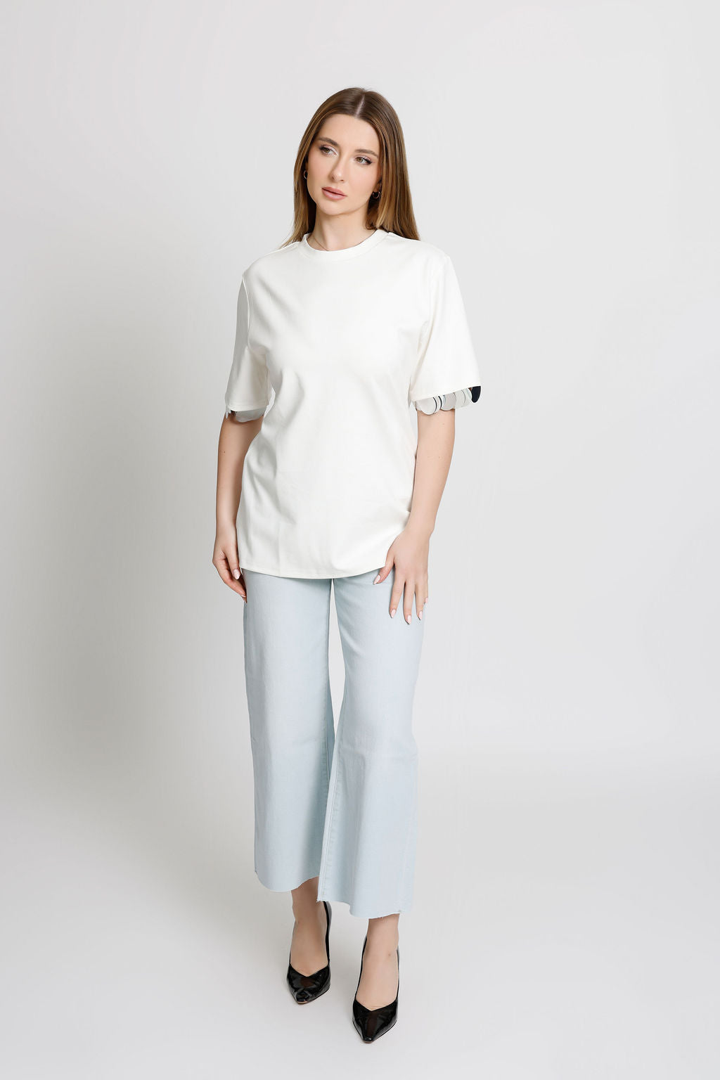 Metallic Silver Circle Detailed White T-shirt