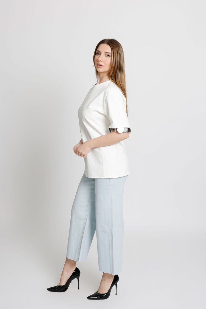Metallic Silver Circle Detailed White T-shirt