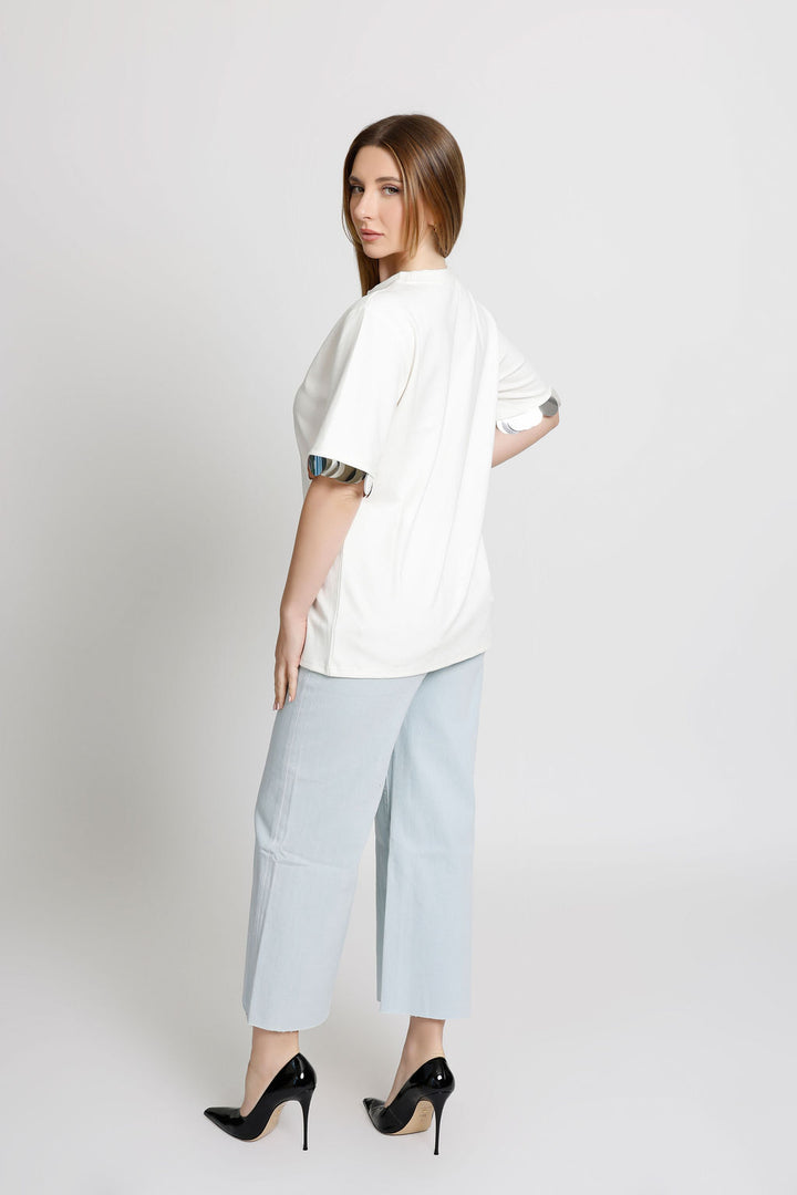 Metallic Silver Circle Detailed White T-shirt