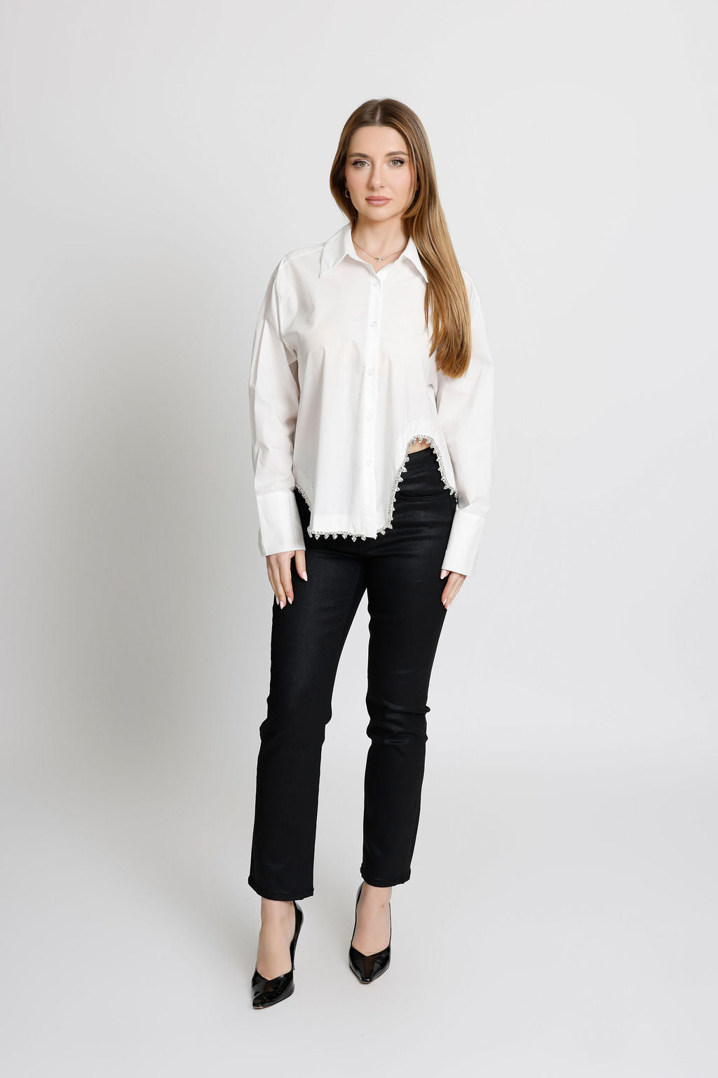 Rhinestone Detailed Wavy Long Sleeve Button Up Shirt