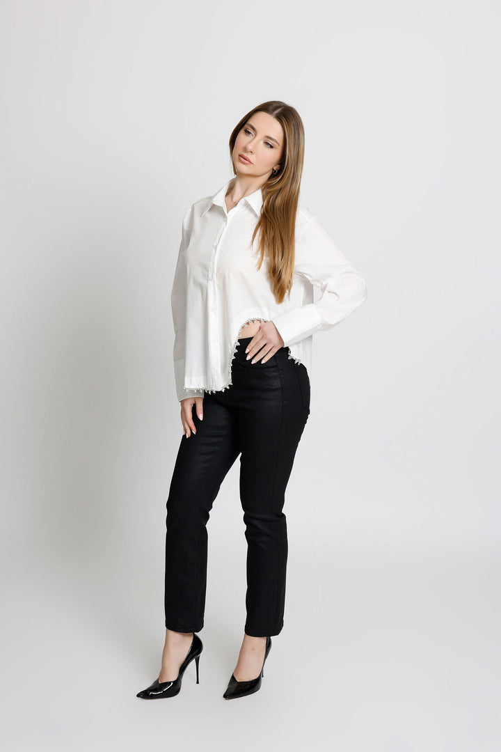 Rhinestone Detailed Wavy Long Sleeve Button Up Shirt