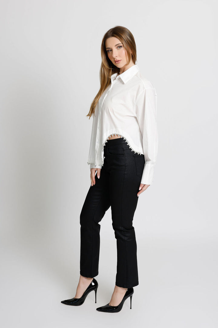 Rhinestone Detailed Wavy Long Sleeve Button Up Shirt