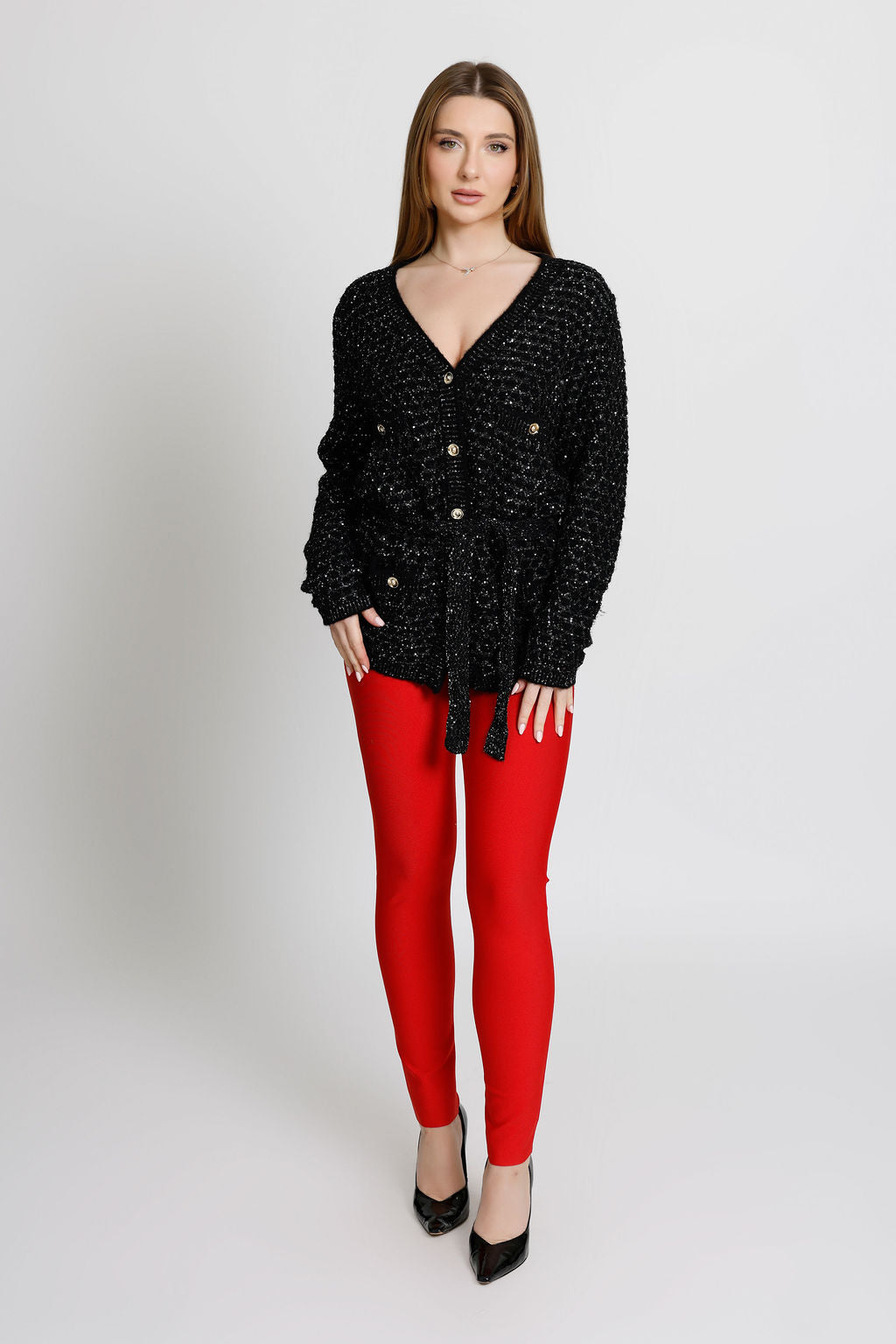Sequin Gold Buttoned Long Sleeve Cardigan  Top