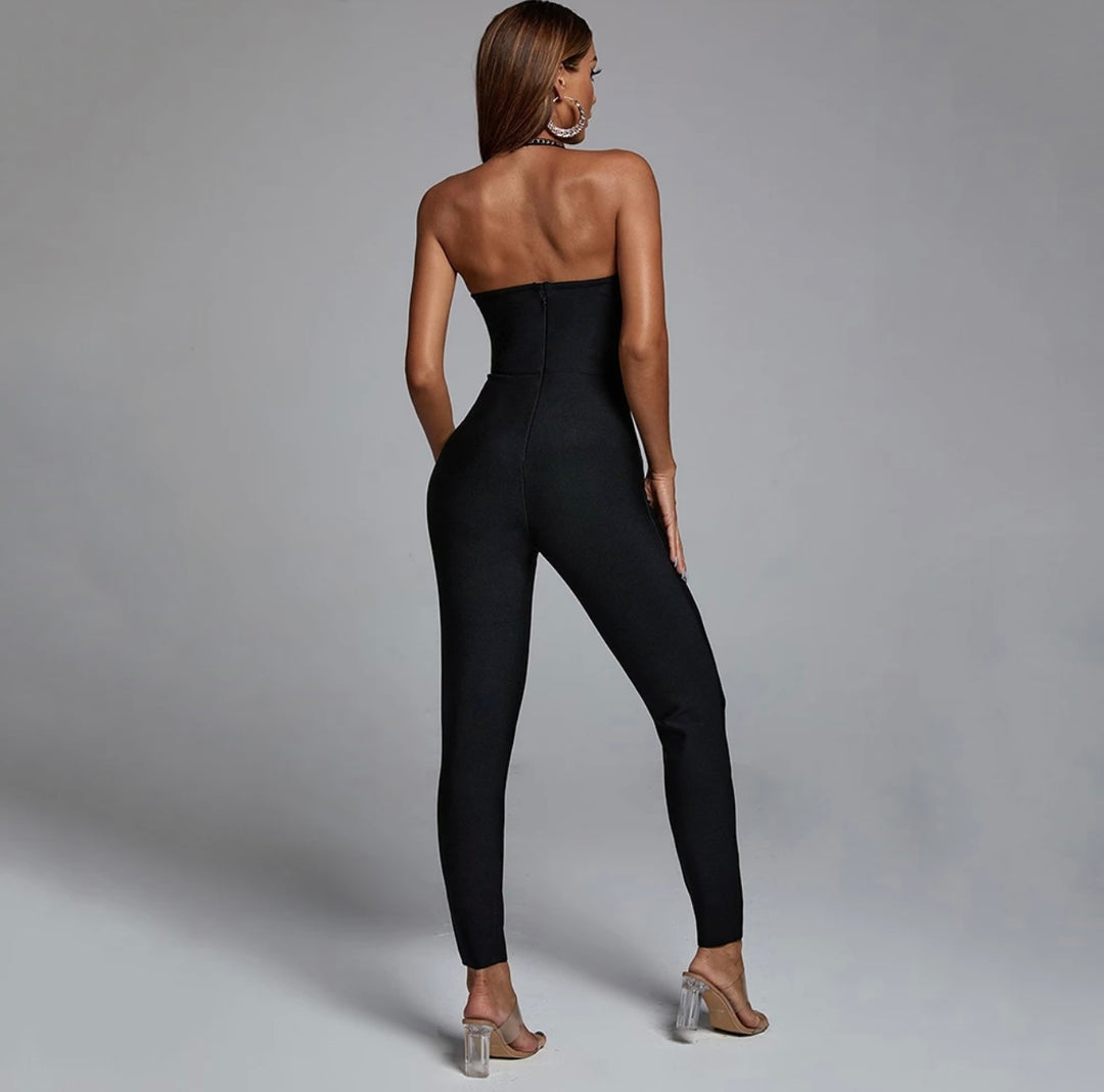 “Bebe” Gold Chain Halter Neck Black Bandage Jumpsuit