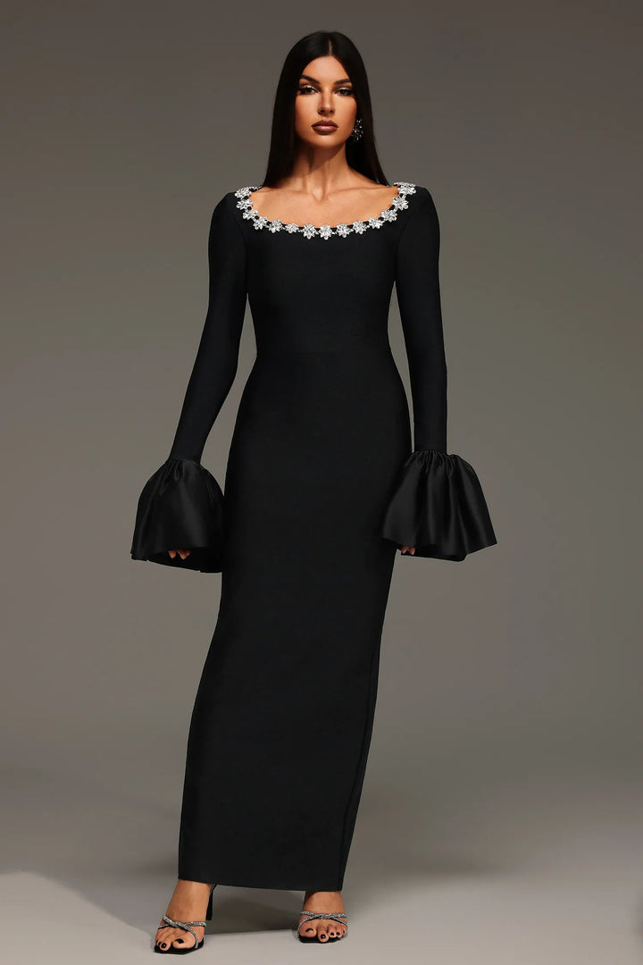 “Deana” Black Rhinestone Embellished Long Sleeve Bandage Dress