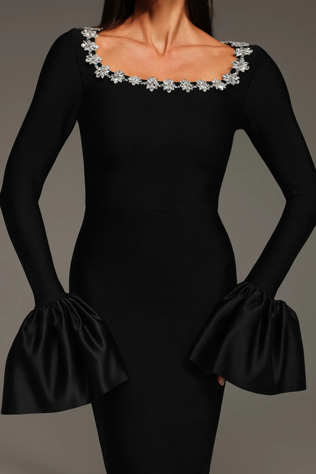 “Deana” Black Rhinestone Embellished Long Sleeve Bandage Dress