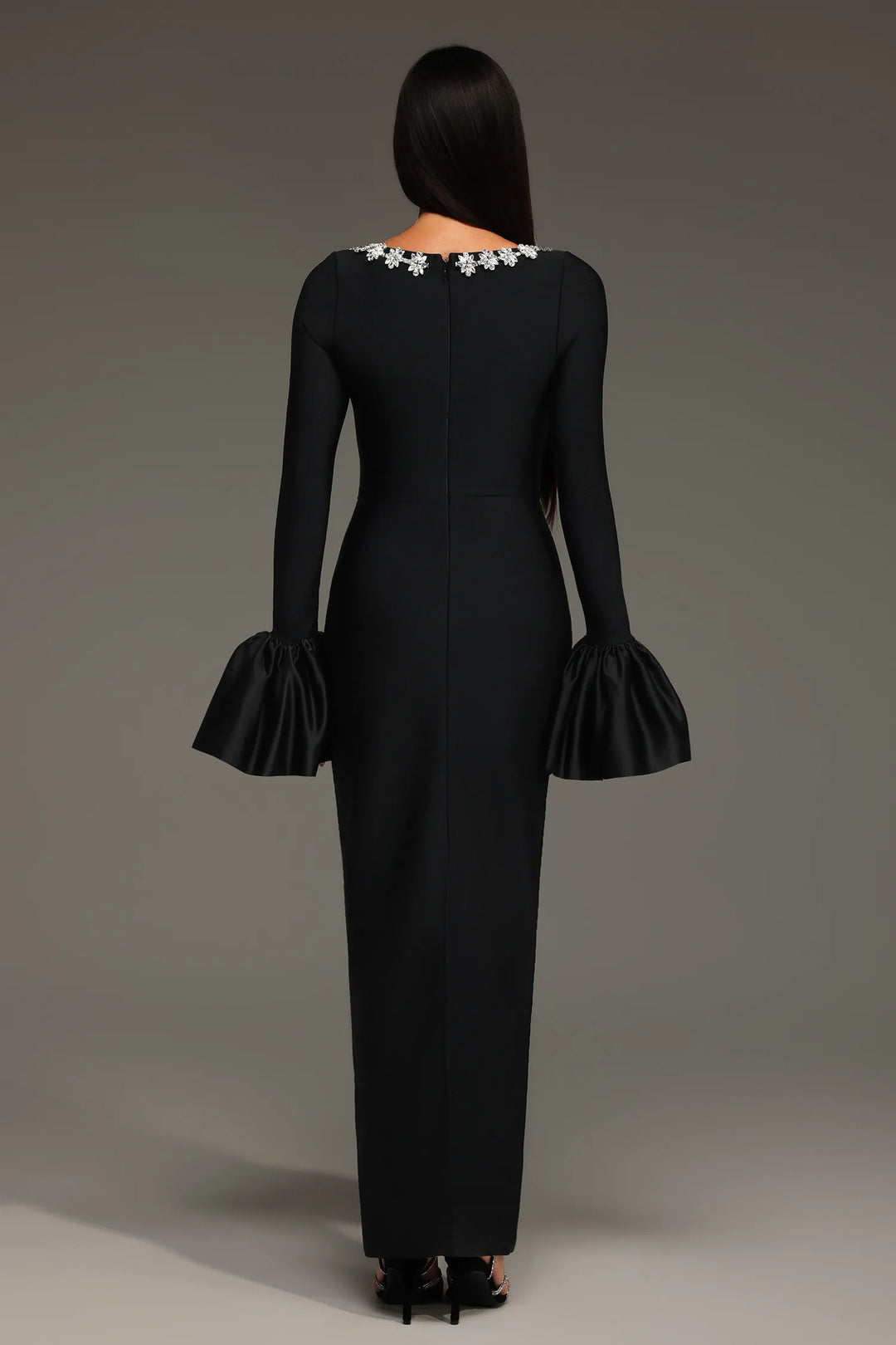 “Deana” Black Rhinestone Embellished Long Sleeve Bandage Dress