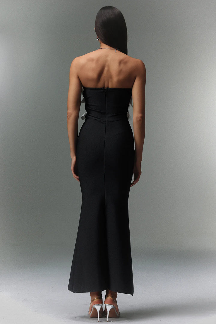 “Isabella” Strapless Side Bow Detailed Black Bandage Dress