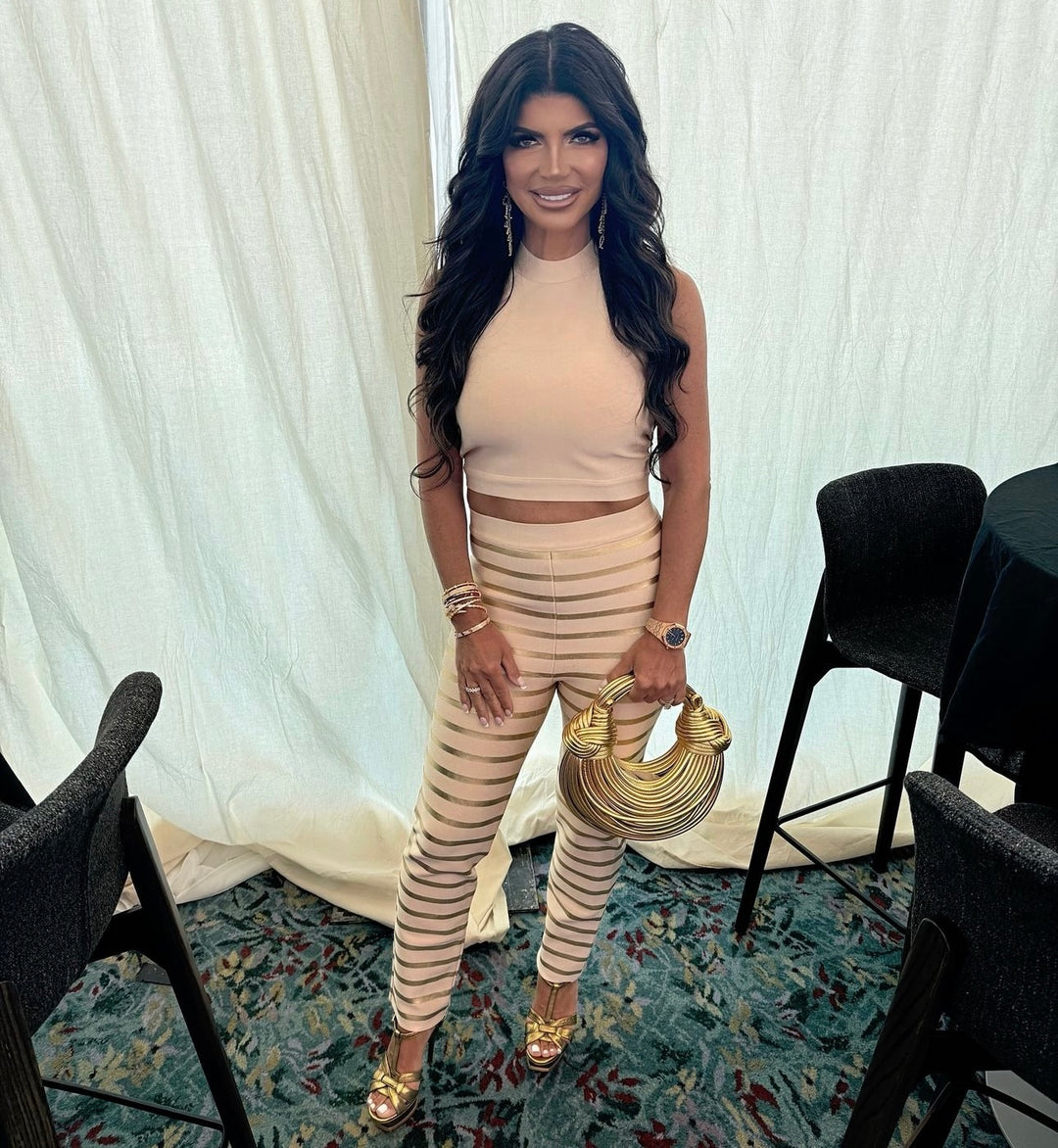 “Kati” Beige and Metallic Gold Bandage Two Piece Pants Set