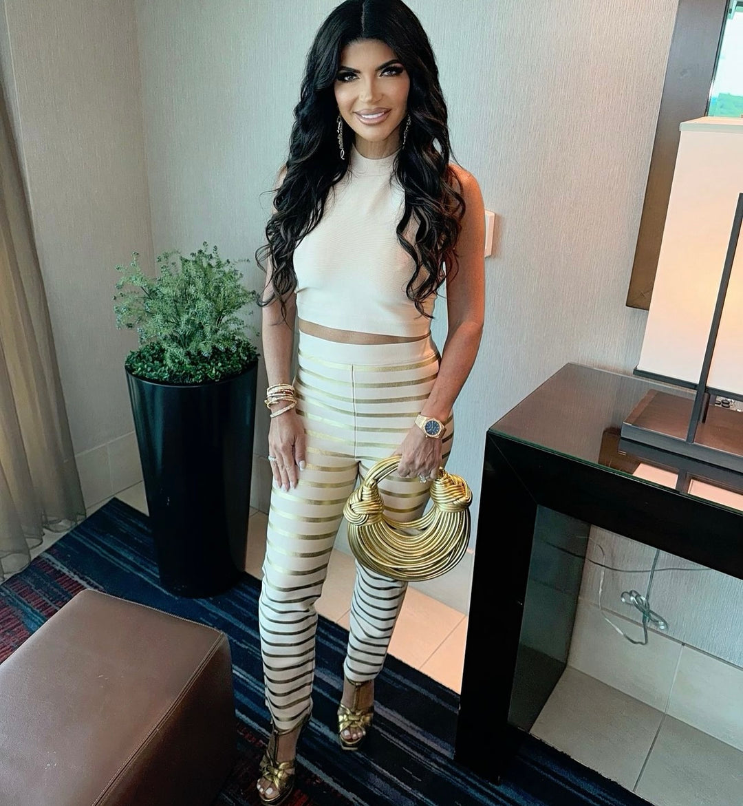 “Kati” Beige and Metallic Gold Bandage Two Piece Pants Set