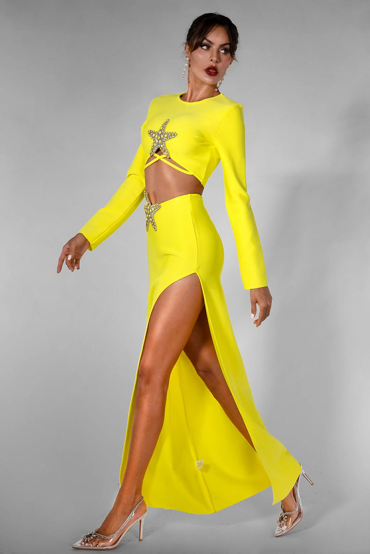 “Star” Embellished Starfish Yellow Long Sleeve high Slit Two Piece Bandage Dress